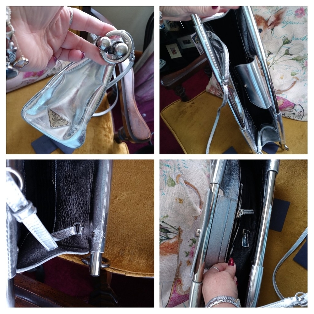 •PRADA Vitello Daino Bar in Silver· Authentic w Cards & Bag. - Picture 16 of 17